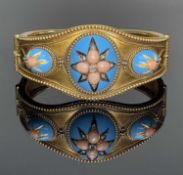 VICTORIAN CORAL, DIAMOND & ENAMEL HINGED BANGLE, the three graduated blue enamel domes set with