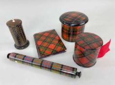 FIVE ITEMS OF TARTAN WARE, comprising of a Stuart tartan notebook and ribbon box, W. & A. Smith