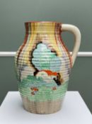CLARICE CLIFF 'FOREST GLEN' LOTUS JUG, ribbed body, plain loop handle, printed marksDimensions: 28.