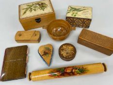 MAUCHLINE WARE & SCOTTISH TREEN ITEMS, comprising two boxes, mystery box, pill box, pin cushion, and