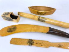 FIVE MAUCHLINE WARE WRITING ACCESSORIES, comprising of a ruler with Newbiggin Church print, page