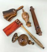 ASSORTED TREEN WIND & PERCUSSION INSTRUMENTS, including slide recorder, two tone pipe, novelty