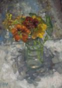 ‡ DIANA ARMFIELD RA oil on board - still life of flowers in a vase, entitled verso 'Nastursiums',