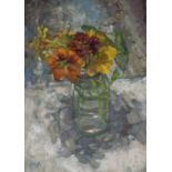 ‡ DIANA ARMFIELD RA oil on board - still life of flowers in a vase, entitled verso 'Nastursiums',