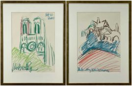 ‡ JOHN BRATBY two pastels - Notre Dame, front elevation and from the side, signed and titled (2)