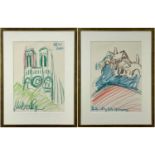 ‡ JOHN BRATBY two pastels - Notre Dame, front elevation and from the side, signed and titled (2)