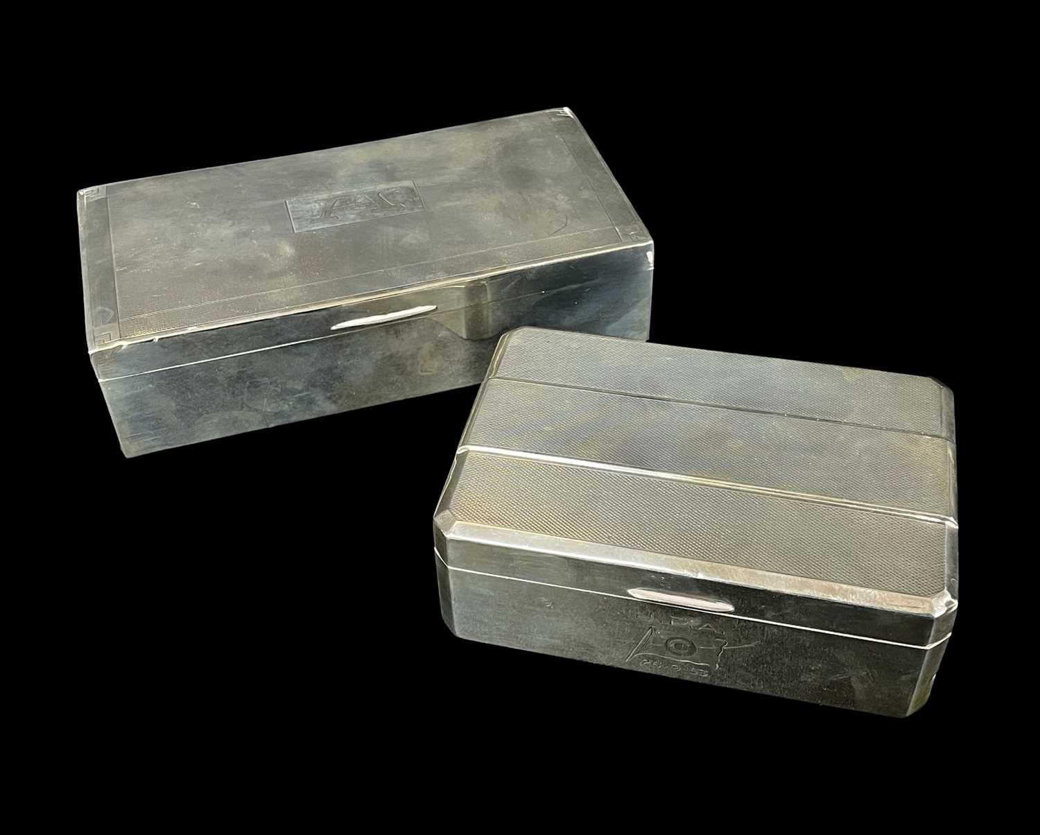 TWO 1950s SILVER CIGARETTE BOXES, George VI and Elizabeth II, engine turned decoration, one with