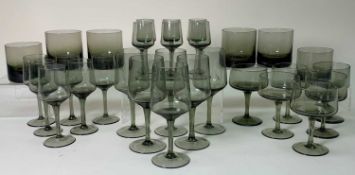 MID CENTURY POLISH SMOKEY GLASS STEMWARE, imported/distributed by Reducta of London comprising three