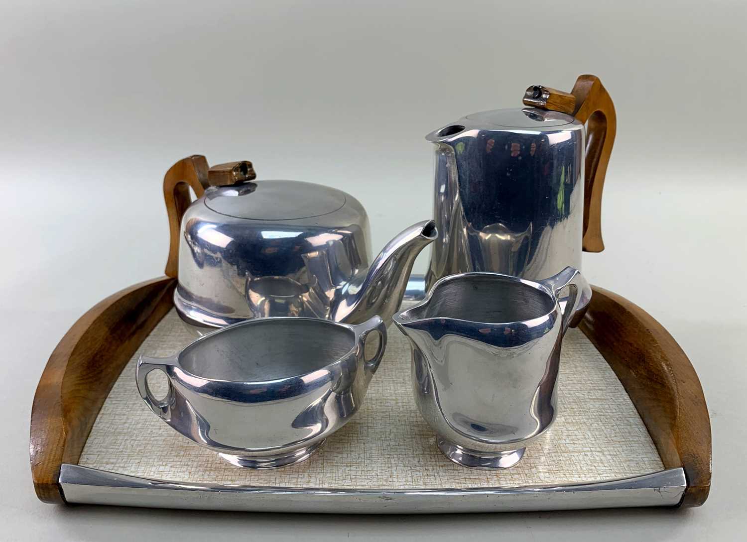 1960's PIQUOT WARE PEWTER TEA SERVICE comprising teapot, hot water jug, cream jug, sugar basin and - Image 2 of 8