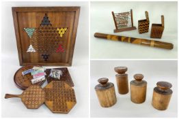 ASSORTED TREEN including Victorian and latter parlour games, travel solitaire with coloured wood