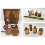 ASSORTED TREEN including Victorian and latter parlour games, travel solitaire with coloured wood