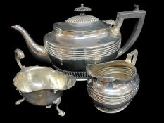 VICTORIAN SILVER TEAPOT & MILK JUG, Sheffield 1895, oval reeded and quarter fluted form, together