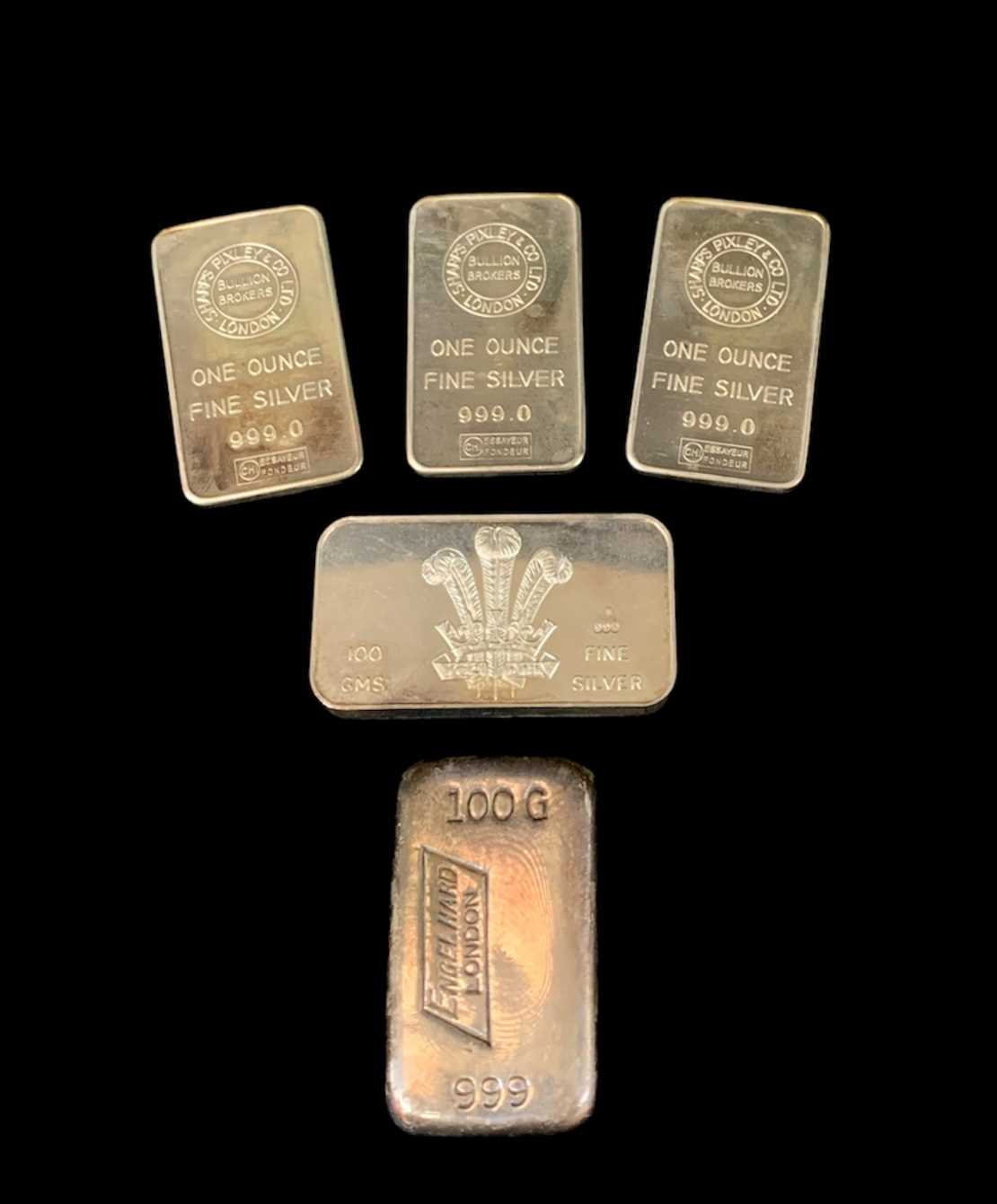 FINE SILVER BARS comprising boxed H. R. H. The Prince of Wales 999 fine silver bar bearing emblem,