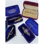 FIVE VINTAGE BAR BROOCHES comprising 15ct gold sapphire and seed pearl brooch in vintage velvet box,