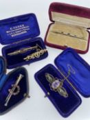 FIVE VINTAGE BAR BROOCHES comprising 15ct gold sapphire and seed pearl brooch in vintage velvet box,