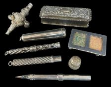 ASSORTED SILVER COLLECTIBLES, including late Victorian baby's rattle with whistle, late Victorian