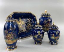 CARLTON WARE: EARLY 20TH CENTURY BLUE GROUND NEW MIKADO PATTERN comprising pair of pot pourri vases,