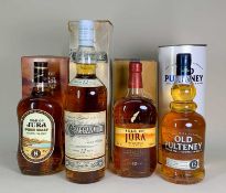 FOUR BOXED BOTTLES OF SCOTCH WHISKY comprising Isle of Jura pure malt scotch whisky, guaranteed 8