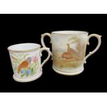 TWO WORCESTER BONE CHINA MUGS comprising Royal Worcester China Works two handled loving mug