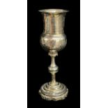 19TH CENTURY KIDDISH CUP, with foliate collar, swollen knop stem and stepped shaped foot, engraved