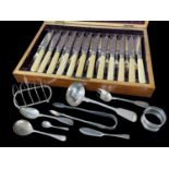 ASSORTED SILVER comprising cased set of twelve engraved fish knives and forks, silver four section