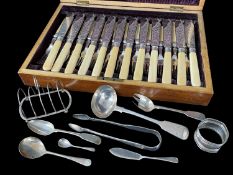 ASSORTED SILVER comprising cased set of twelve engraved fish knives and forks, silver four section