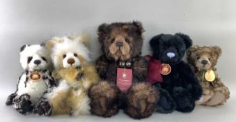 FIVE CHARLIE BEARS, with tags and accessories, including 'Snuggle' (582/6000), 'Lauren', 'Peter', '