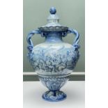 LARGE CANTAGALLI BLUE & WHITE MAIOLICA VASE & COVER, twisted rope and mask handles, decorated with