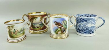 FOUR 19TH CENTURY BONE CHINA CUPS comprising a loving cup painted with scenic views within gilt
