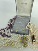 MODERN 'LALIQUE OF PARIS' LEAF NECKLACE in box together with simulated pearl necklaces, Butler and