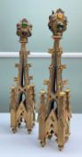 PAIR OF PAINTED & GILT DECORATED WOODEN GOTHIC-STYLE SPIRES, with later added pressed metal and