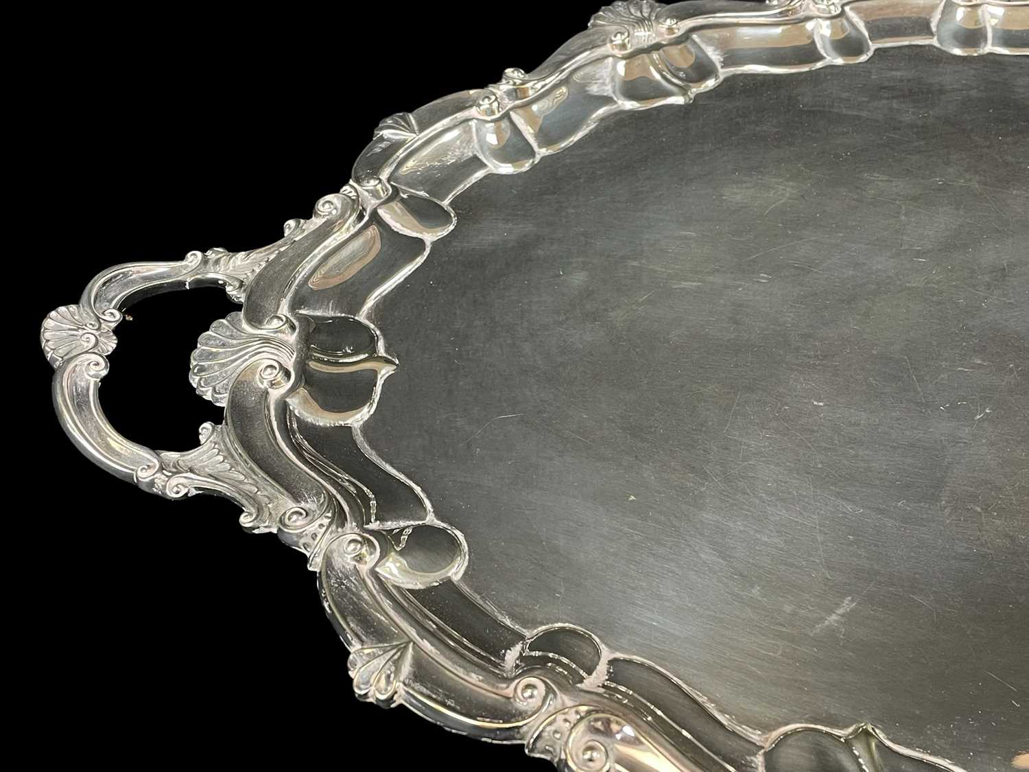LARGE ELECTROPLATED TRAY, retailed by Barry & Sons, Cardiff, with shell and scroll decoration, - Image 2 of 2