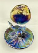 TWO IRIDESCENT GLASS PAPERWEIGHTS comprising Lazlo art glass dragonfly on lily pad paperweight and