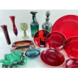 COLLECTION OF GLASS ITEMS, to include three 1960's Italian studio glass dishes, cut green glass