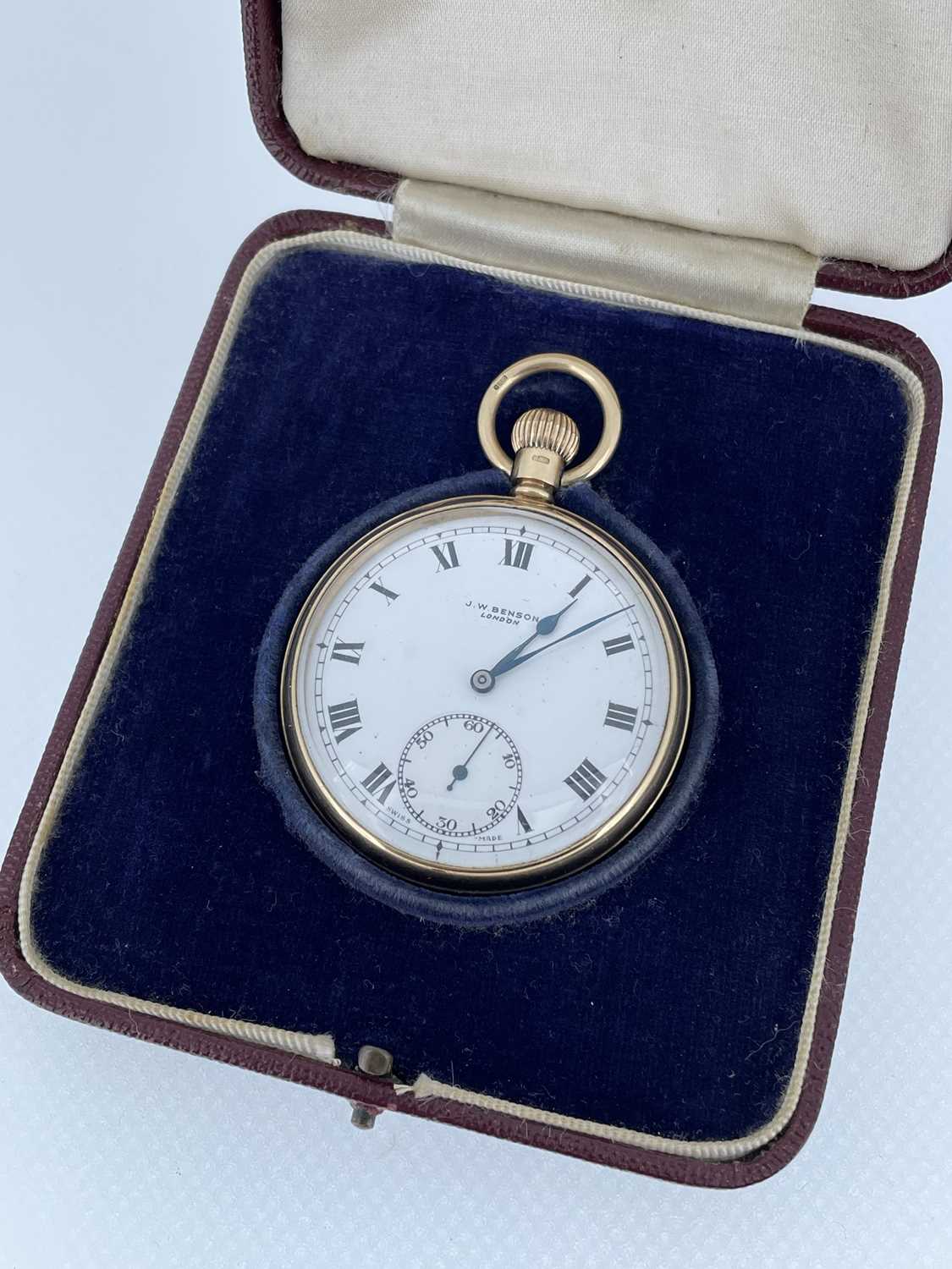 9CT GOLD BENSON POCKET WATCH, top-wind open-faced, signed white enamel roman dial with subsidiary - Image 2 of 2