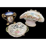 THREE ITEMS OF CONTINENTAL PORCELAIN, to include a Dresden chestnut basket with applied floral