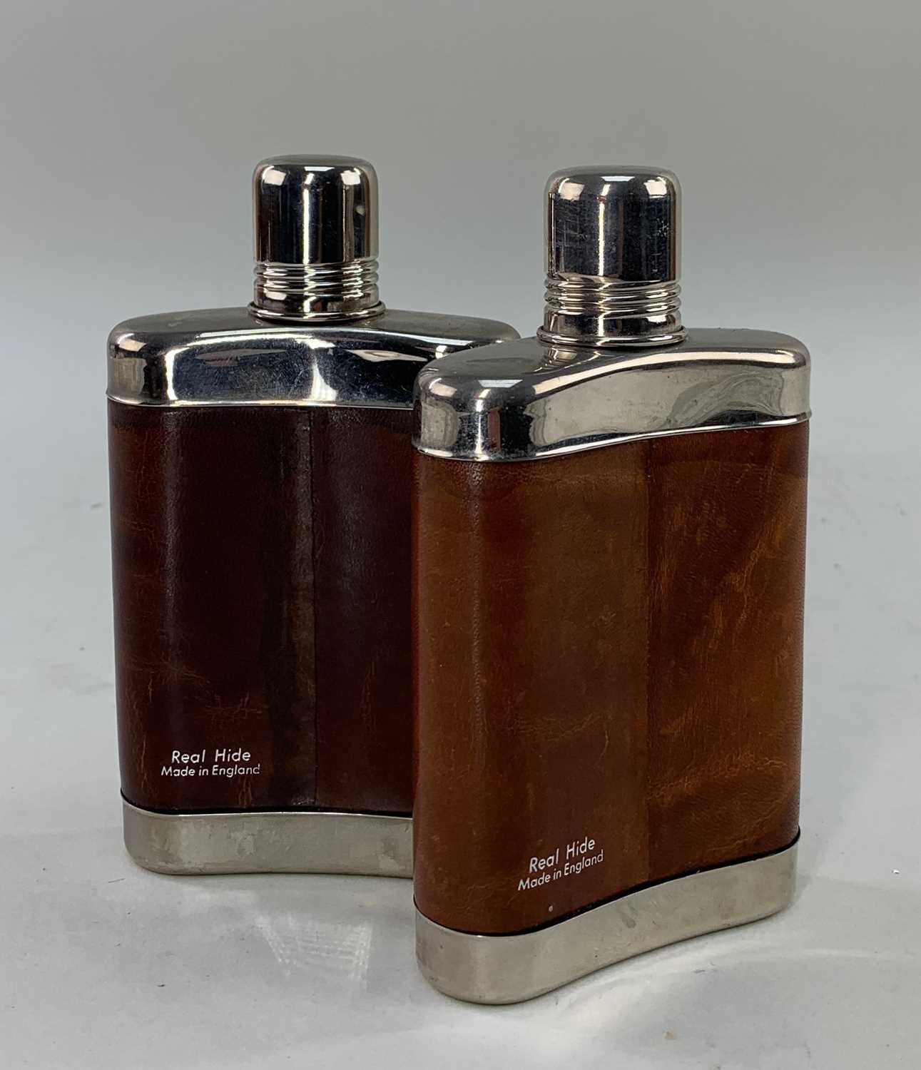 PAIR OF MODERN HIDE & PLATED HIP FLASKS, of slightly curved form (2) Provenance: private - Image 2 of 2