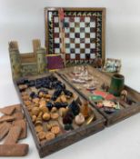 ASSORTED VINTAGE GAMES, PUZZLES, CHRISTMAS DECORATIONS, TOYS ETC., comprising folding leather box-