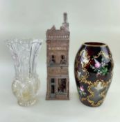 CONTINENTAL RUBY FLASHED ENAMELLED GLASS VASE, 25cms tall, cut glass vase with etched decoration,