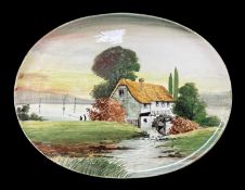RARE LLANELLY POTTERY OVAL TRAY decorated by Samuel Shufflebotham with a scene of mill, landscape