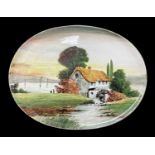 RARE LLANELLY POTTERY OVAL TRAY decorated by Samuel Shufflebotham with a scene of mill, landscape