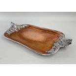 RARE JOSEPH HEINRICHS HAMMERED COPPER & SILVER MOUNTED TRAY, American c. 1905, with bear's head