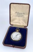 9CT GOLD BENSON POCKET WATCH, top-wind open-faced, signed white enamel roman dial with subsidiary