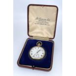 9CT GOLD BENSON POCKET WATCH, top-wind open-faced, signed white enamel roman dial with subsidiary