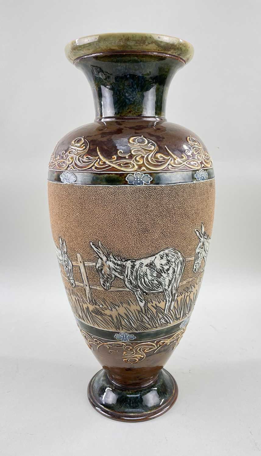 DOULTON LAMBETH STONEWARE VASE BY HANNAH BARLOW, sgraffito decorated with donkeys grazing, with - Image 4 of 6