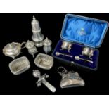 ASSORTED SILVER CRUETS & COLLECTIBLES, including Georgian-style caster or muffineer, coin purse,