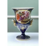 19TH CENTURY TWIN HANDLED PORCELAIN CAMPANA VASE, probably Coalport, cobalt blue ground with