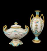 TWO ROYAL CROWN DERBY BONE CHINA VASES, comprising ovoid turquoise-ground vase with raised gilt