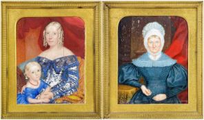 PAIR 19TH CENTURY PORTRAIT MINIATURES, in gilt meatl frames, depicting mother and child, and an