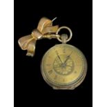 9CT GOLD ENGRAVED FOB WATCH, with 9ct gold bow brooch attachment, 18.8gms Provenance: private